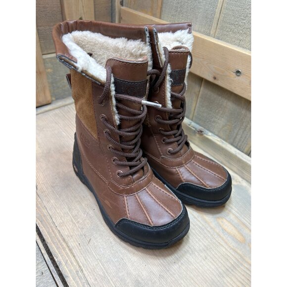 UGG US1 Youth Waterproof Brown Leather & Suede Winter Boots - Picture 2 of 8